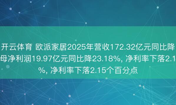 开云体育 欧派家居2025年营收172.32亿元同比降8.94%, 归母净利润19.97亿元同比降23.18%, 净利率下落2.15个百分点